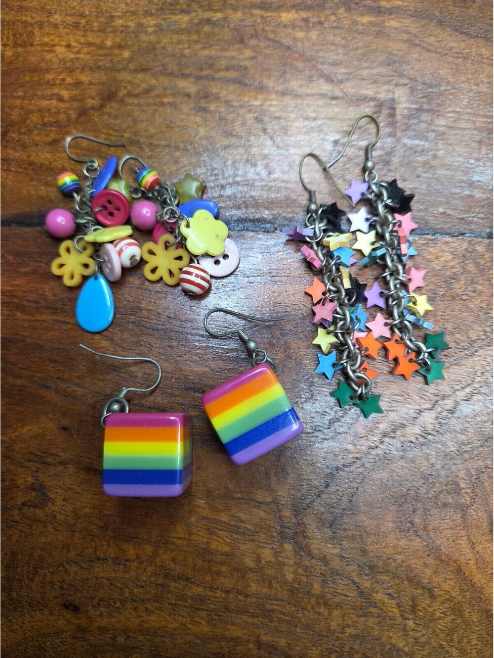 Set of Three Colorful Dangle Earrings with Rainbow and Star